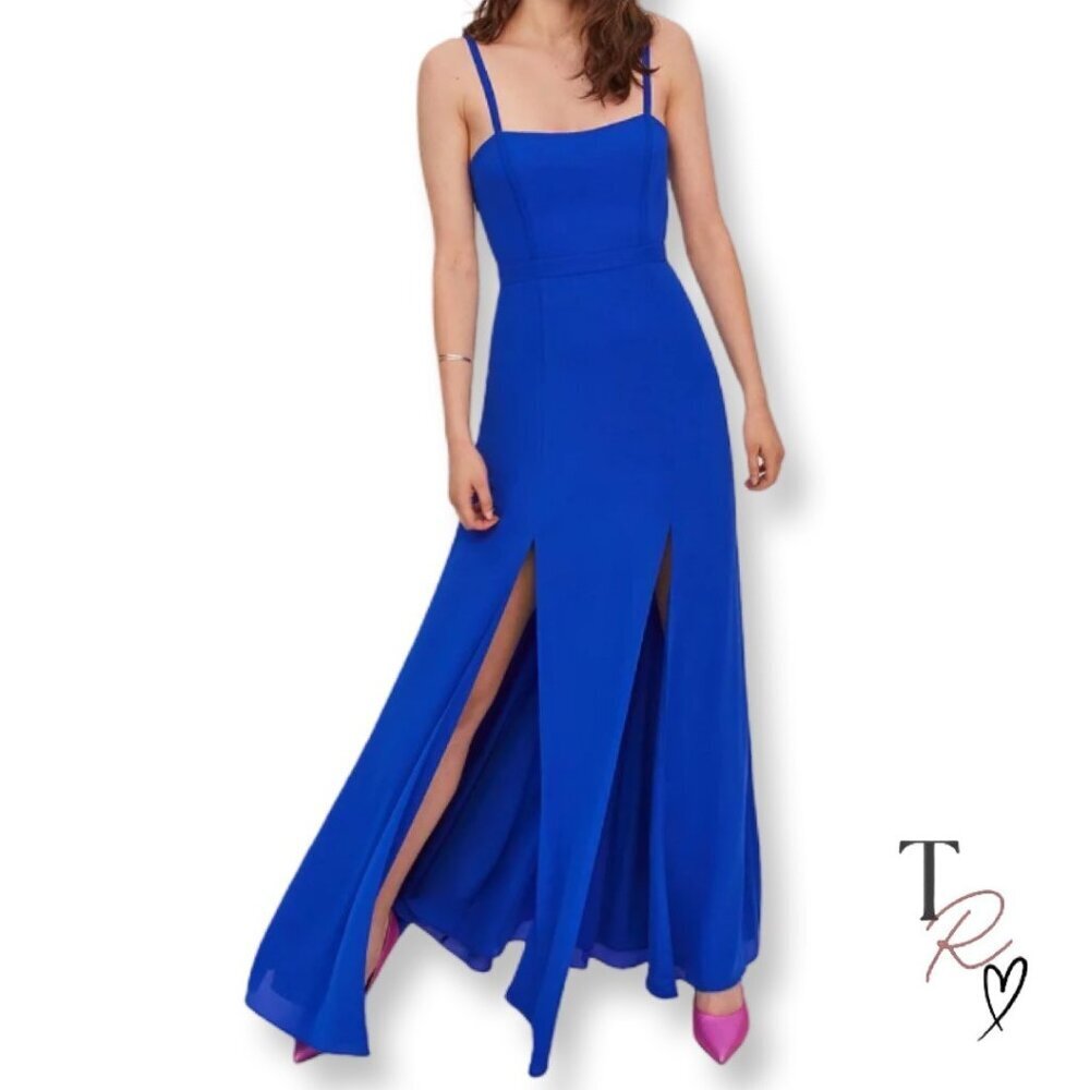 Fame and Partners Cameron Dress Royal Blue Spaghetti Strap Maxi Gown Slit US 4